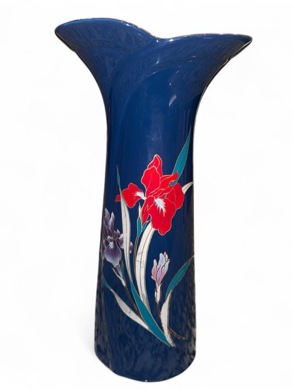 Japanese Hand-Painted Blue Ceramic Vase with Red Floral Accent